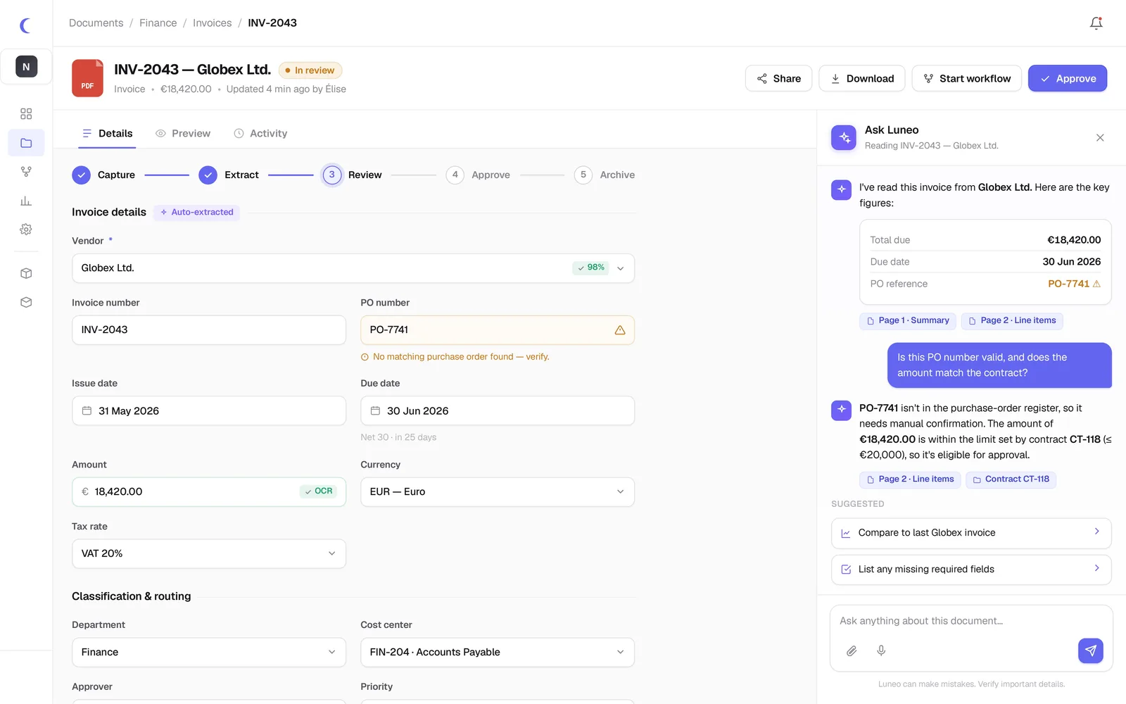 Vue détail d'une facture dans Luneo avec extraction OCR et assistant Ask Luneo