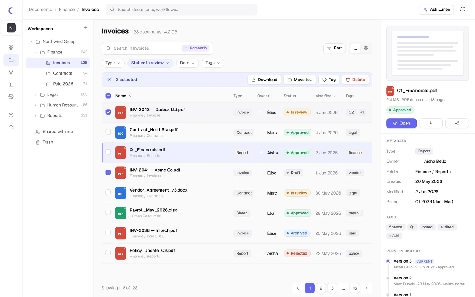 Interface GED Luneo : liste de documents avec filtres, statuts et panneau de métadonnées