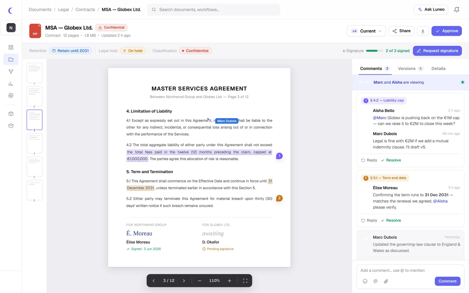 Visionneuse documentaire Luneo avec annotations et fils de commentaires ancrés au texte