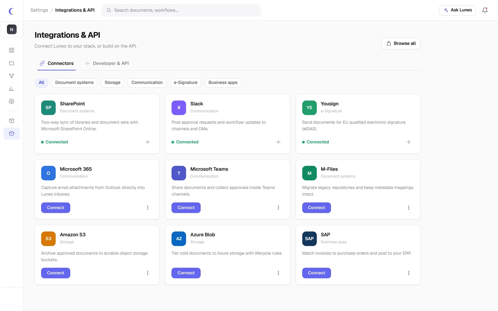 Page Intégrations & API Luneo avec connecteurs SharePoint, Slack, Yousign et filtres par catégorie