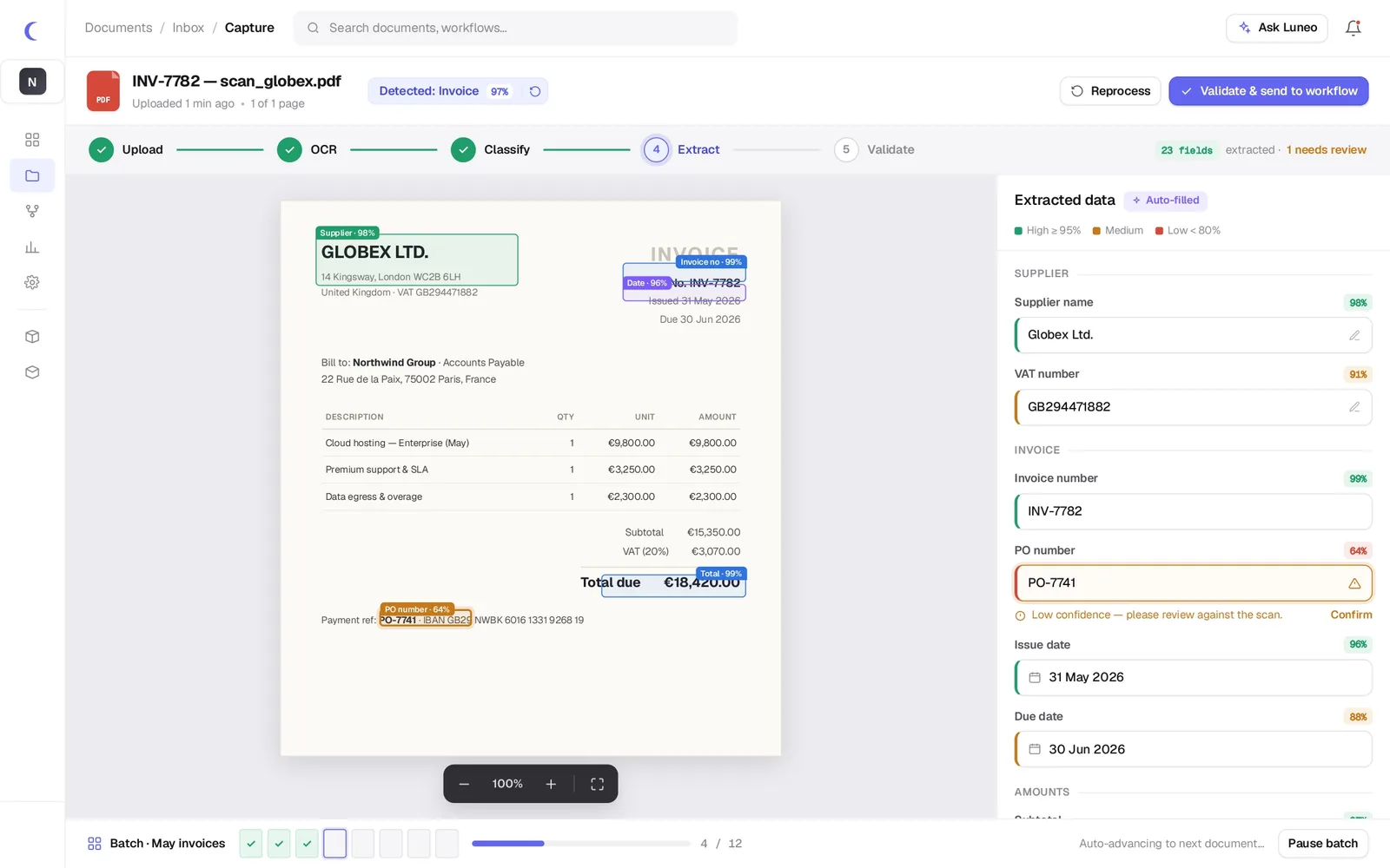 Interface de capture OCR Luneo : facture avec champs extraits surlignés et scores de confiance