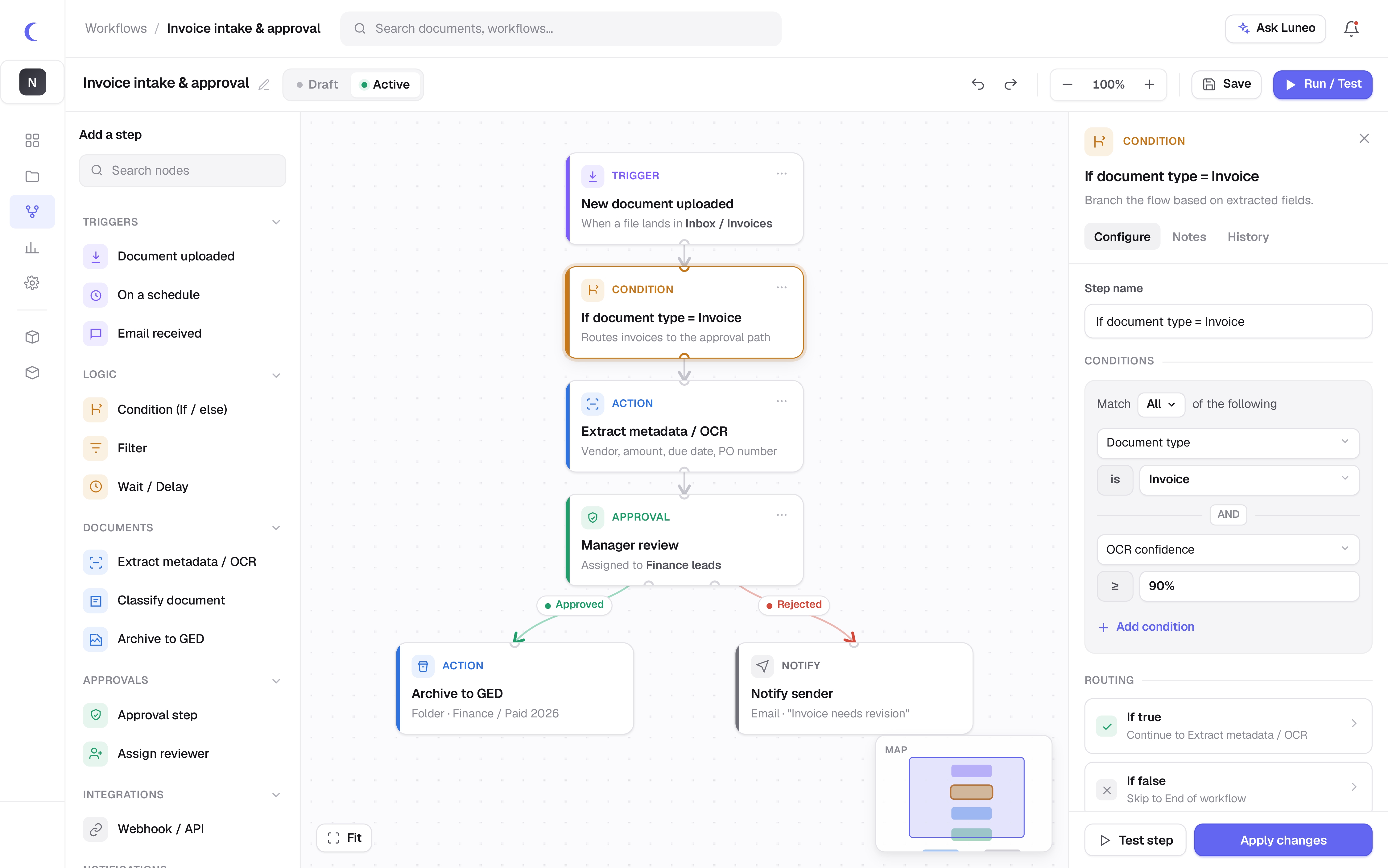 Éditeur de workflows Luneo : canvas no-code avec nœuds de déclencheur, condition, action et validation